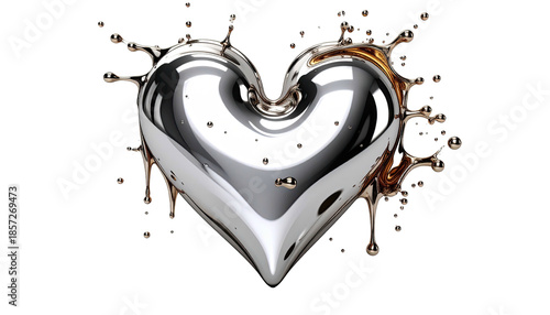 A metallic heart with liquid spills, centered against a black background