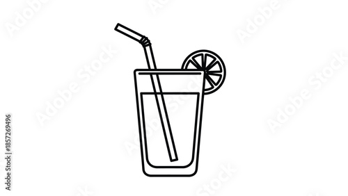 Simple black and white outline icon illustrating a refreshing glass of iced beverage garnished with a citrus slice and featuring a flexible straw for easy sipping enjoyment and refreshment.