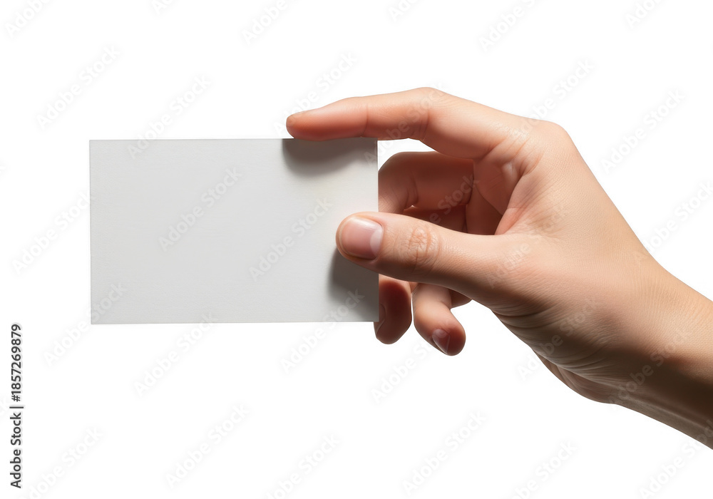 Obraz premium Hand holding a blank white business card isolated on transparent background