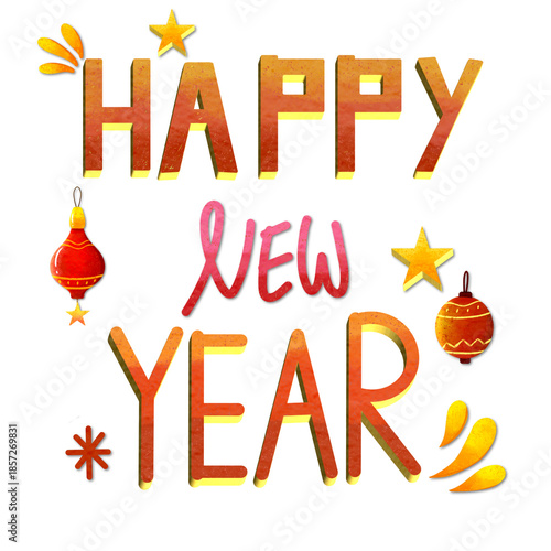 colorful decorative text happy new year with cartoon christmas ornaments