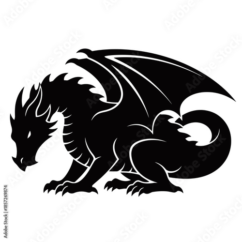 A striking black silhouette of a mythical dragon with large wings spread wide, crouched low on an unseen surface.