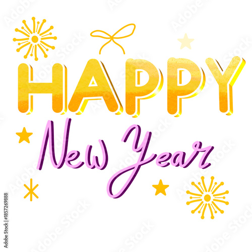 Colourful and festive decorative text Happy New Year font with cute party elements and Firework doodle 