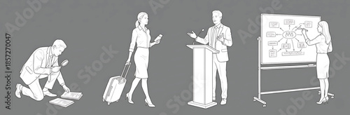 Business Professionals Engaging in Diverse Activities White Outline Illustration Set on Grey Background