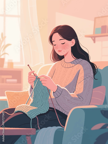 Illustration Of A Beautiful Woman Wearing A Sweater While Knitting While Sitting On A Sofa With Light Coming In From The Window, Vector Design Template