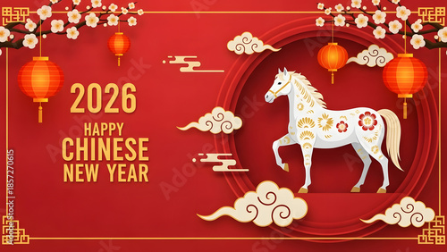 Vibrant 2026 Chinese New Year celebration with white horse
