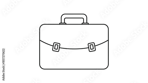 Simple black and white line art icon depicting a classic rectangular briefcase with a sturdy top handle and two front buckle closures for secure document storage or travel essentials.