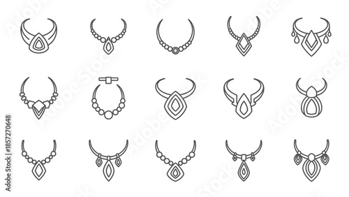 Collection of fifteen elegant black outline icons representing various styles of necklaces and pendants perfect for jewelry design assets or fashion concepts