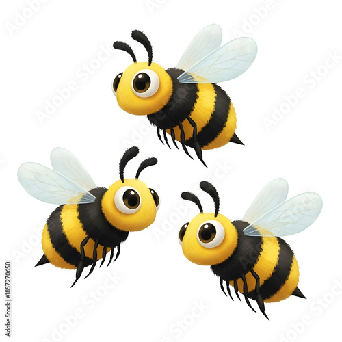 Three cartoon bees flying isolated on transparent background