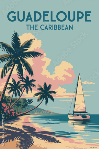 Guadeloupe tropical island paradise, vintage style travel art with turquoise ocean water, lush green palms, beautiful sandy beach, and summer vacation landscape.