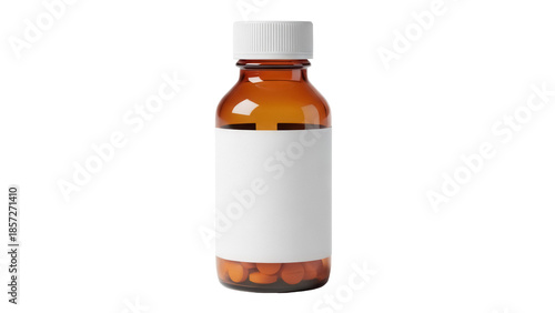 Quadro su tela Amber medicine bottle with white cap and label isolated PNG, pharmaceutical cont