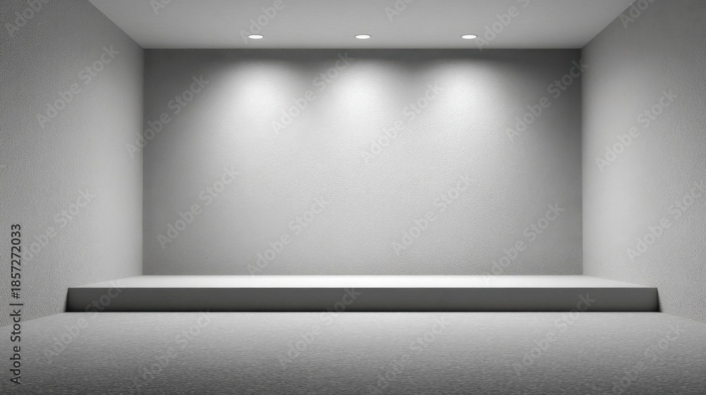 Obraz premium Minimalist empty room with bright lighting and grey walls, perfect for showcasing products, artwork, or creating a clean and modern atmosphere