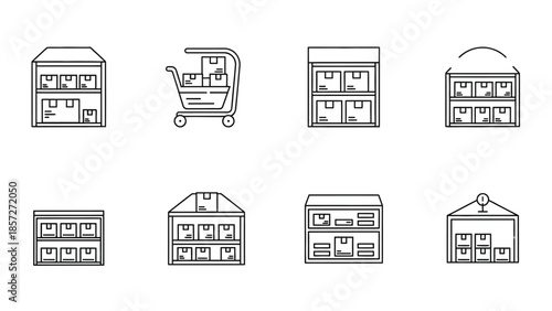 Collection of black and white line art icons representing various storage warehouse shelving units and a shopping cart for logistics and inventory management concepts