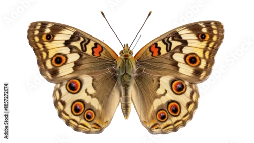 Obraz Elegant junonia almana butterfly isolated PNG on transparent background, beautiful brown and yellow tropical insect with eye spots for design use
