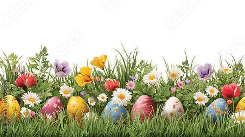 Easter Eggs and Mixed Flowers Border in Green Grass