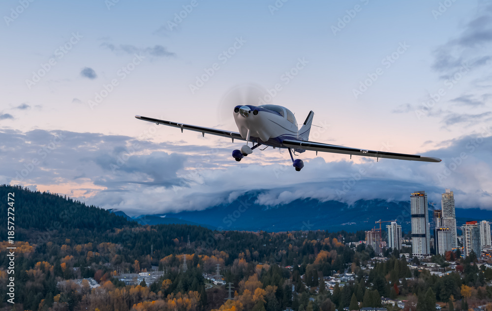 Fototapeta premium 3D Rendering Airplane Flying Over Sunset Cityscape With Autumn Trees In Burnaby, BC