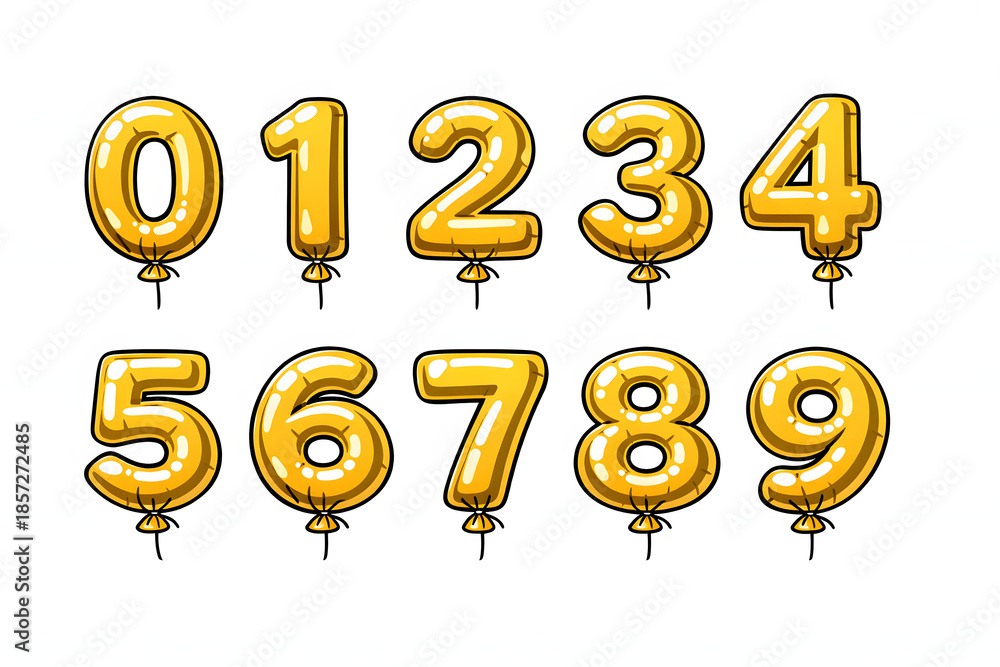 Obraz premium Golden Number Balloons: A set of golden balloons, each crafted in the shape of a number from zero to nine. These festive numerals bring a touch of celebration and joy to any event. 