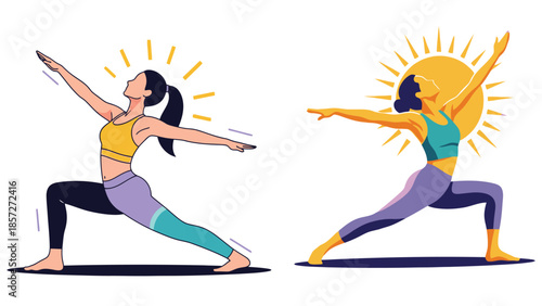Vector illustration set of women performing dynamic yoga warrior variations with sunburst elements