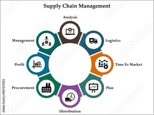 Eight aspects of supply chain management. Infographic template with icons and description placeholder