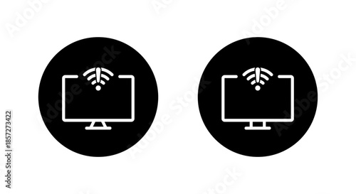Computer monitor with internet connection error icon. Wifi warning and network problem symbol in black circle