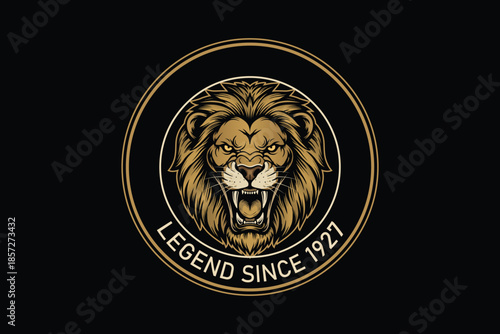 Majestic lion logo with gold accents and legendary text
