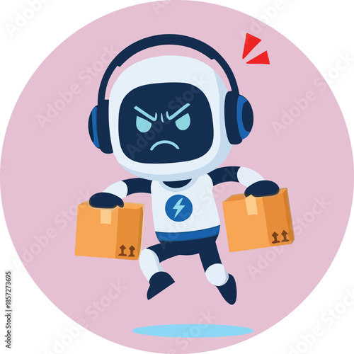 Angry Robot Character with Headphones and Boxes.