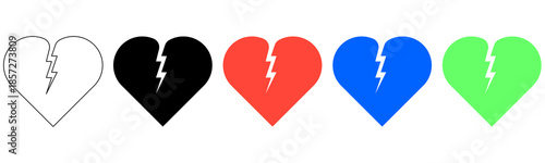 Flat vector cracked love heart icon set representing heartbreak, broken relationship, emotional pain, and sadness concept. Minimalist symbols collection, isolated on white background.