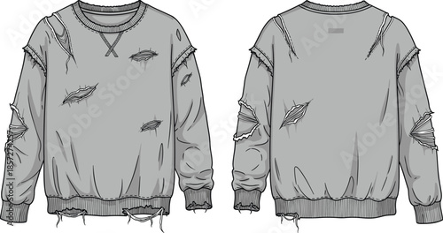 Distressed sweatshirt front back view cad drawing flat vector illustration ripped streetwear fashion technical apparel design