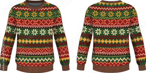 Christmas knitted sweater front back view cad drawing flat vector illustration festive winter apparel fashion design