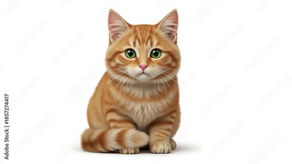 Fototapeta premium Orange tabby cat sitting isolated on white background, sharp studio photo.