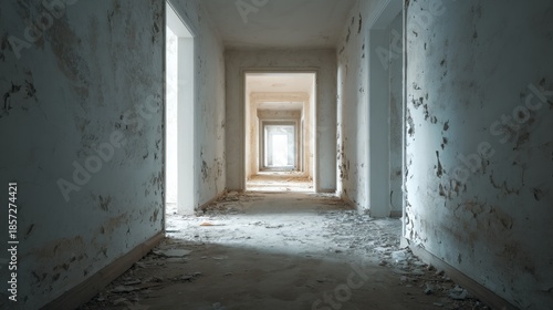 Wallpaper Mural Abstract perspective view of an empty corridor with peeling walls and debris on the floor showcasing abandonment and neglect in a building interior Torontodigital.ca