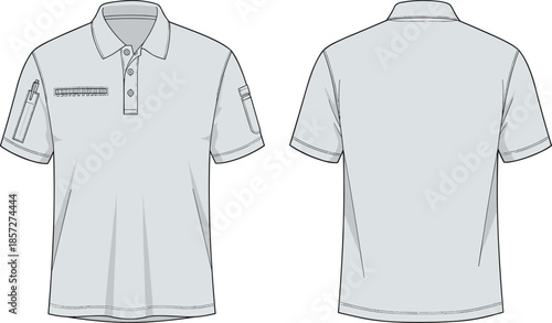 Mens polo shirt front back view cad drawing flat vector illustration utility pocket casual apparel technical fashion design