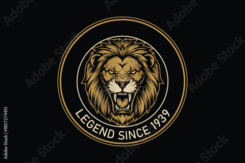 Golden lion head logo on black background with legend text