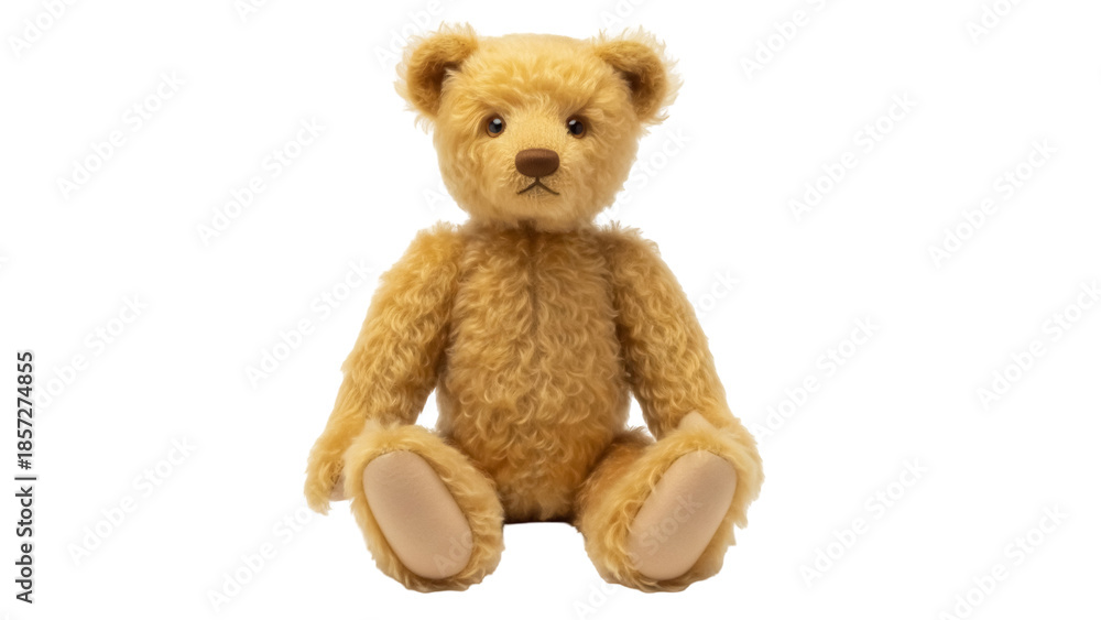 Obraz premium Adorable golden teddy bear sitting isolated PNG, fluffy stuffed animal toy for children and collectors on transparent background