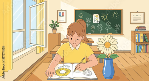 Young girl reading book sitting down.