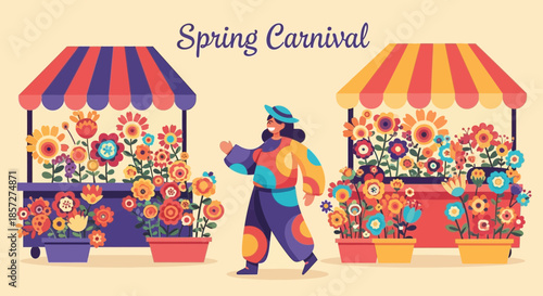 Colorful carnival worker with flowers.