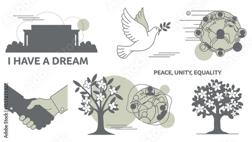 Minimalist of peace unity equality and dream concepts with handshake tree and dove