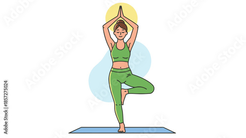 Vector illustration of a woman in a yoga tree pose for balance and mental wellness