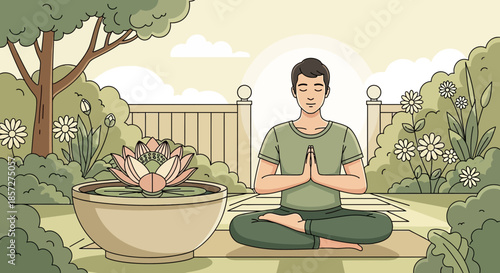 Man meditating in green outfit.