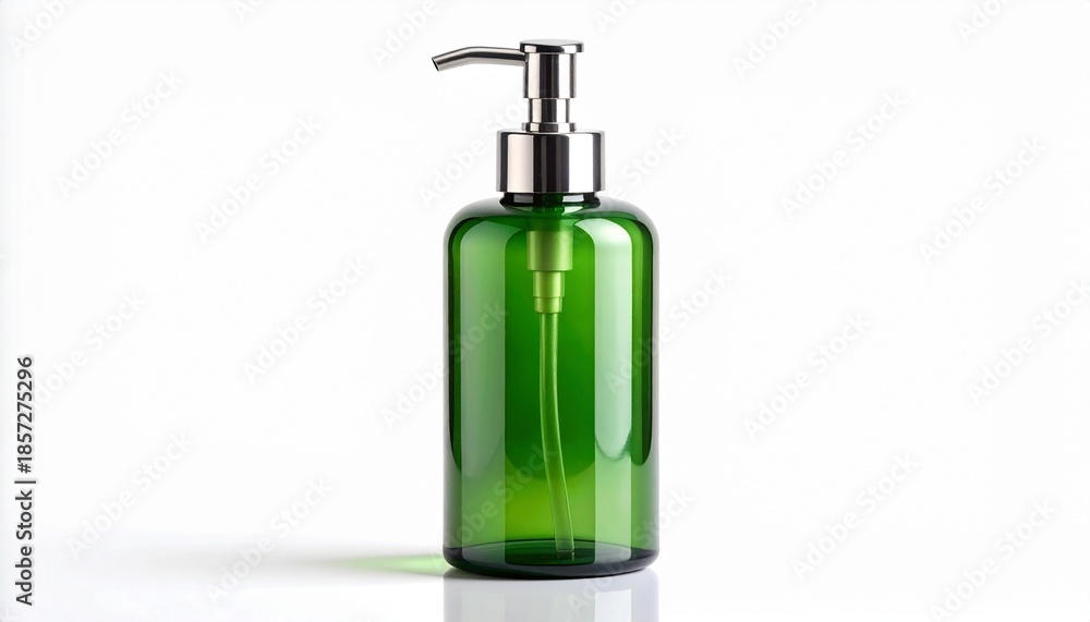 Fototapeta premium Green translucent pump bottle with metallic dispenser on white background