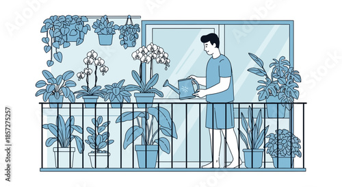 Man watering plants on balcony.