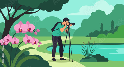 Man with camera on tripod outdoors.