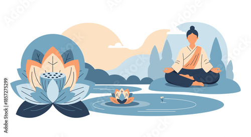 People meditating in serene natural setting.