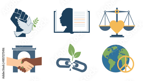 Six colorful representing peace, education, justice, unity, growth, and global harmony