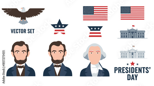 Presidents Day set with U S flags and White House