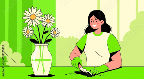 Woman arranging flowers in vase.