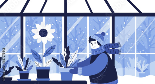 Woman caring for house plants indoor.