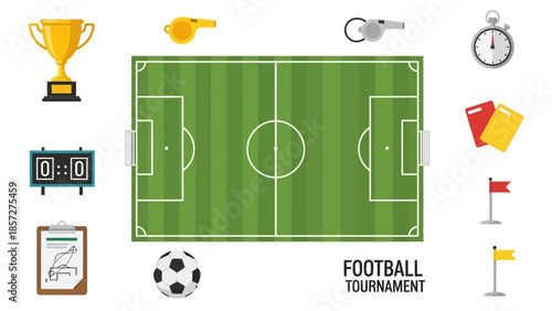 Flat Design Football Tournament Game Elements and Referee Equipment Set