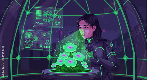Woman Examining Green Glowing Organism.