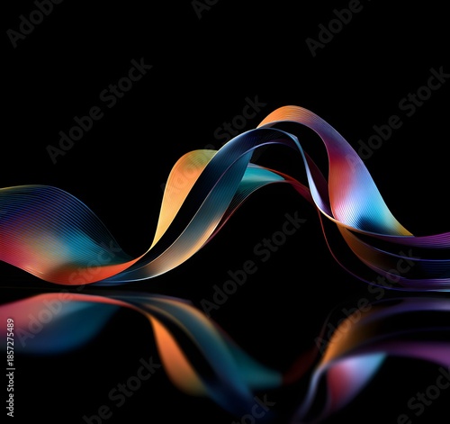Abstract flowing ribbon of vibrant iridescent colors against a deep black background with a reflective surface creating a mesmerizing visual effect