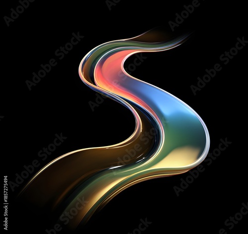 Abstract swirling iridescent fluid ribbon with vibrant spectrum of colors flowing dynamically against a deep black background representing motion and energy in a modern artistic composition